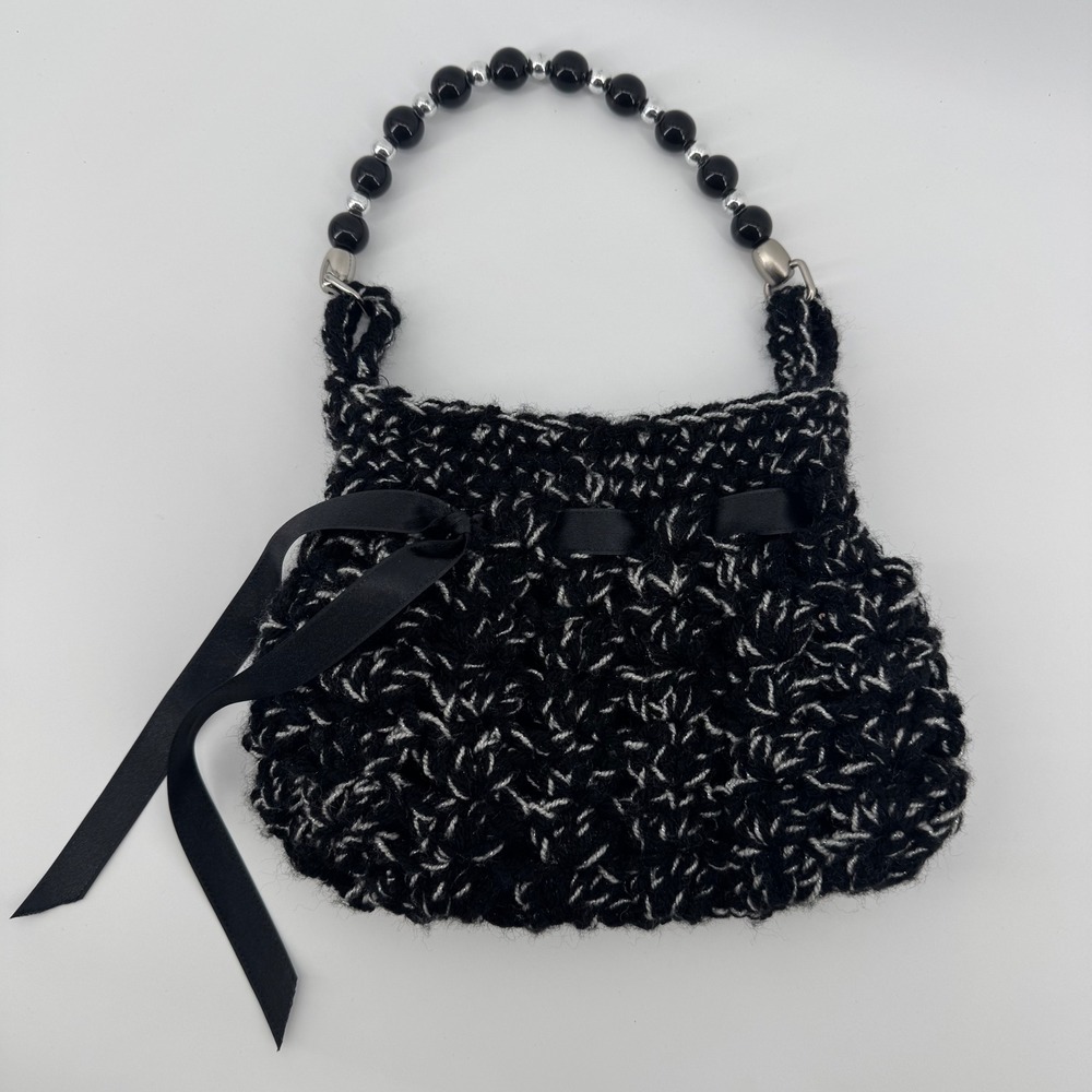 Black & White Crochet Beaded Handle Purse Ribbon Detail Handbag Evening Bag‎